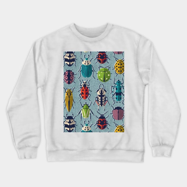 These don't bug me // pattern // duck egg blue background green yellow neon red orange pink blue and black and ivory retro paper cut beetles and insects Crewneck Sweatshirt by SelmaCardoso